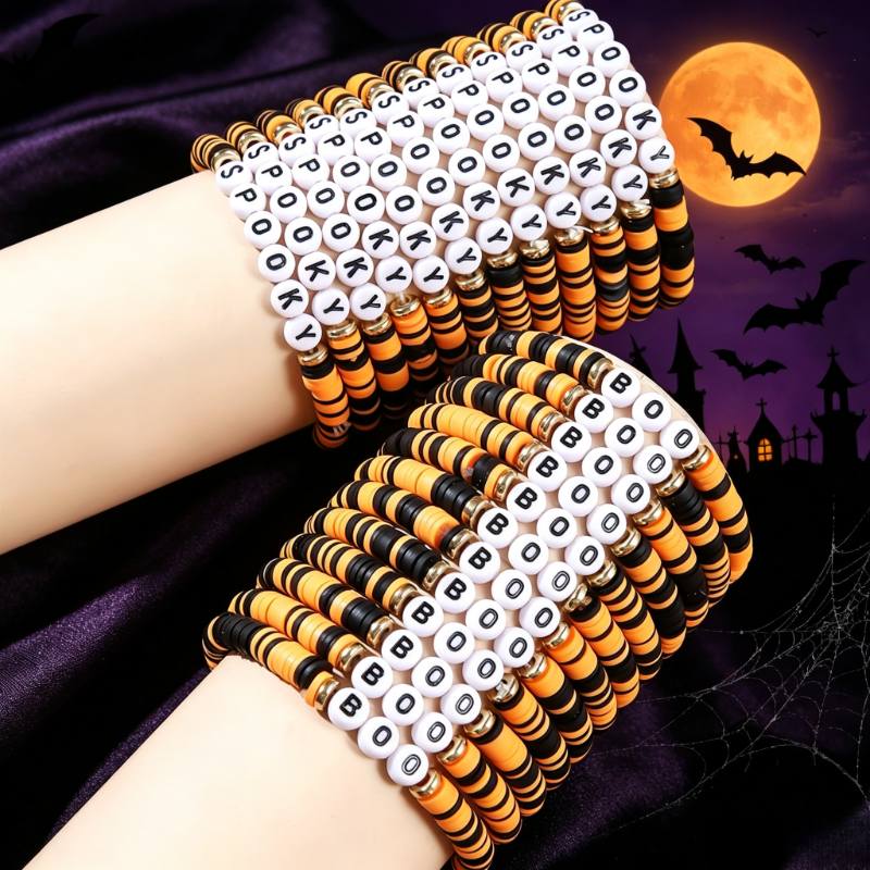24pcs BOO Black Orange Halloween Bead Bracelet Set, Fun Gift